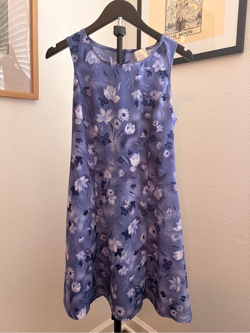 90s Floral Sleeveless A-Line Dress in Blue